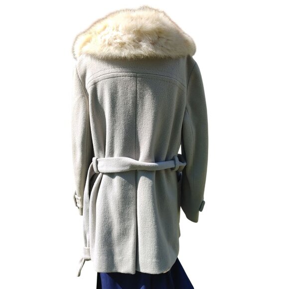 Real Fox Fur Collar Coat Belt Light Gray Wool Satin Lining Project or Parts - Picture 11 of 12